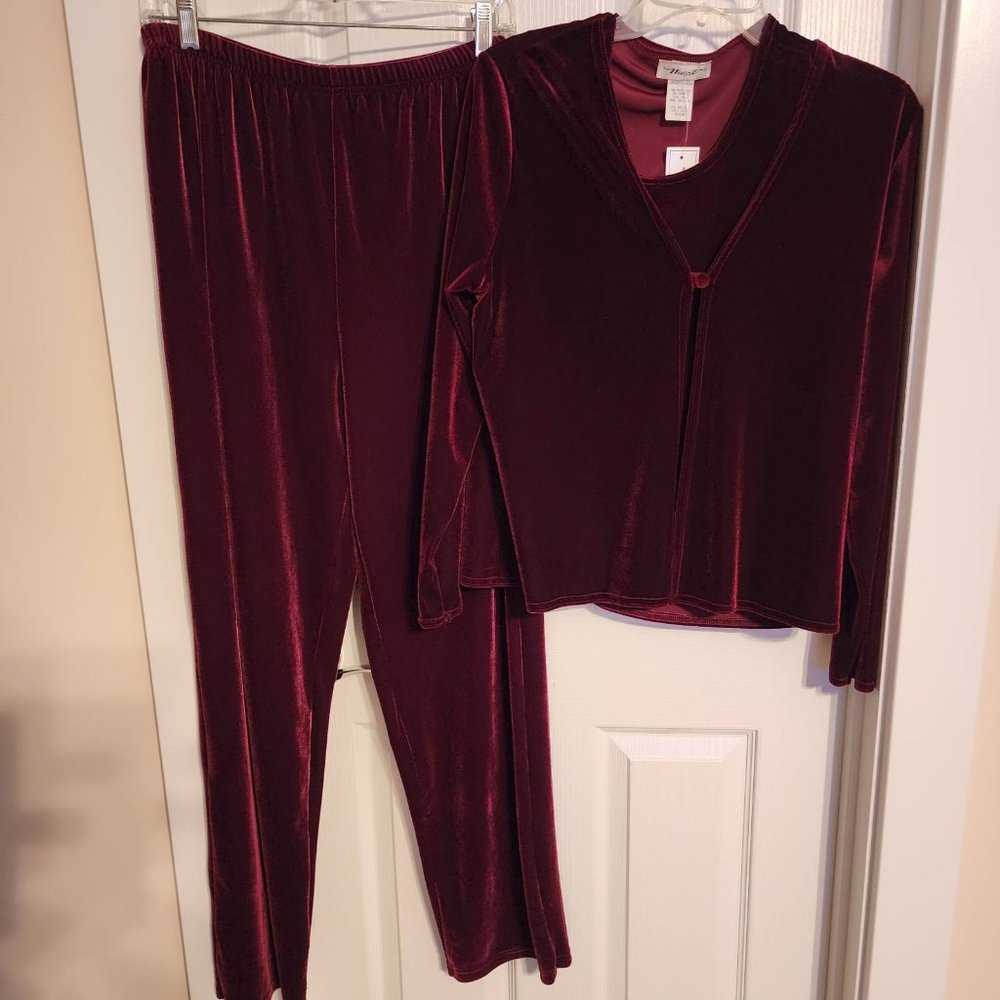 Three-piece Nuart Velour Burgundy Pant Suit, size Medium
